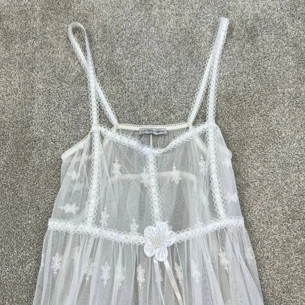 Vintage No Strings Attached Sheer White Floral Coverup Bridal Night Gown Dress M - Picture 10 of 13